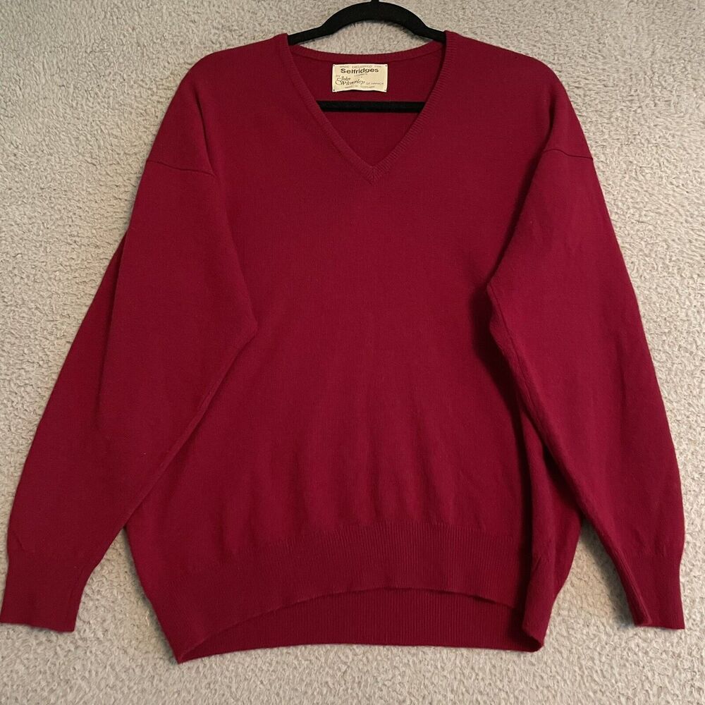 Vintage Selfridges John Waverley Sz M V Neck Sweater Maroon Virgin Wool Scotland